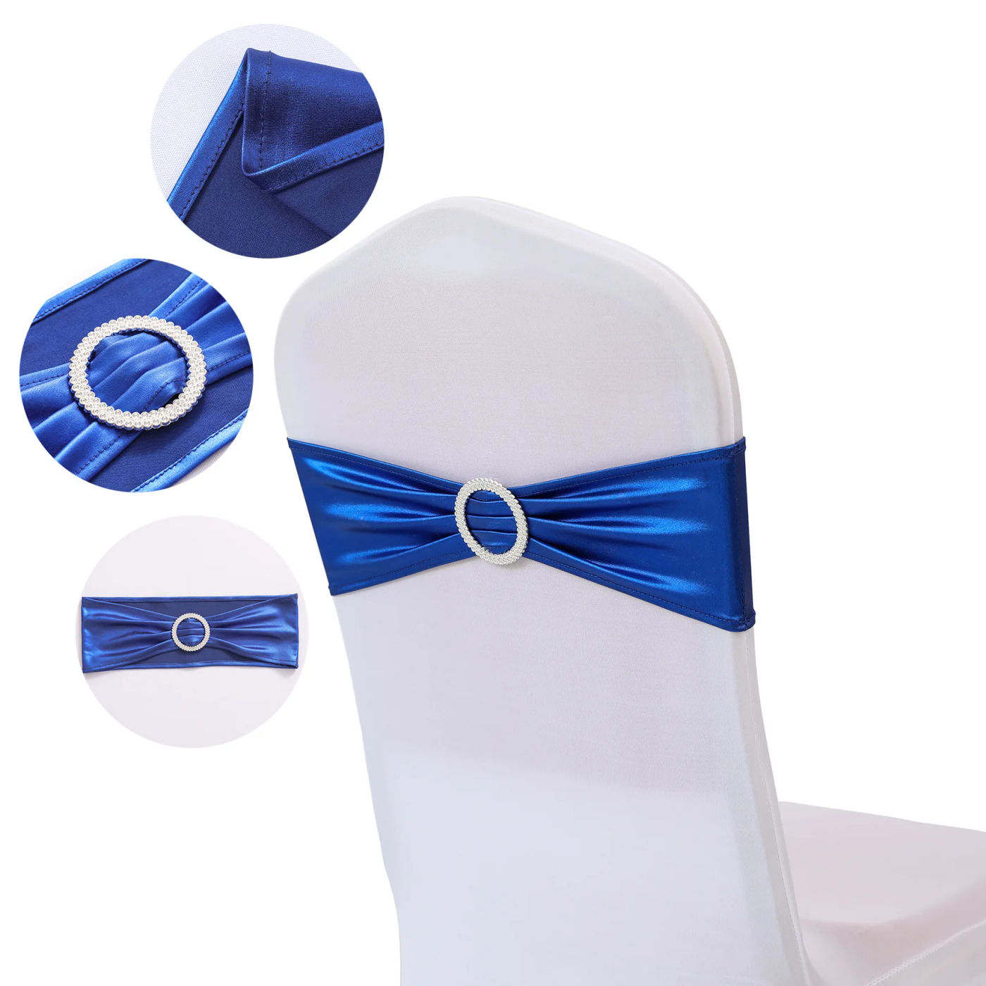 Description Picture 5 of item10/50/100Pcs Spandex Elastic Chair Sashes Band With Buckle for Wedding Banquet Party Decor Metallic Gold Silver Chair Knot Bows