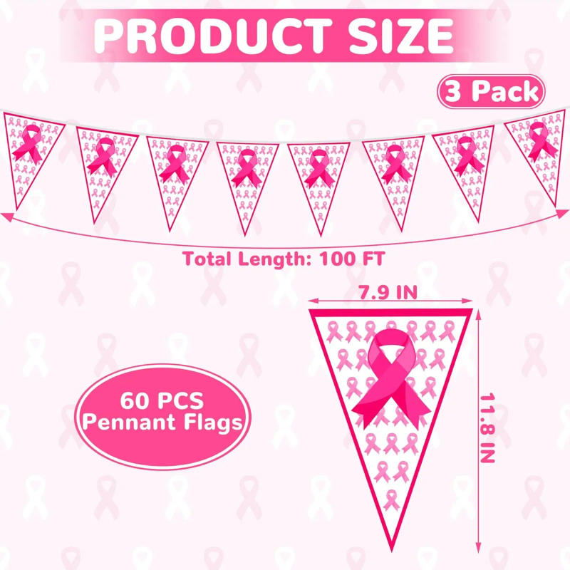 Description Picture 3 of item100FT Pink Ribbon Banner-60 PCS Breast Cancer Awareness Pennant Flags,Pre-assembled Decor for Outdoor Indoor Party Wall