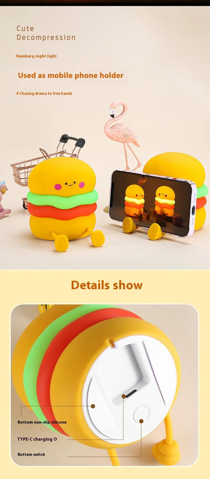 Description Picture 5 of itemCreative McMan Burger Pat lamp Desktop bedside lamp charging USB birthday gift Burger baby night light