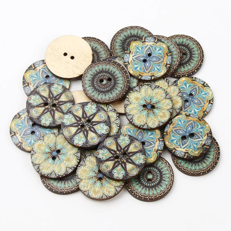 Description Picture 3 of item30pcs/lot 25mm Blue Vintage Paint Round 2Hole Wood Buttons For Clothing Sewing Accessories Kids Needlework Decorative Buttons