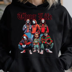 Thug Life Horror Movie Characters, Vintage Scary Movies Cozy Classic Print Pullover Hoodie, Casual Long Sleeve Hoodie For Sprots