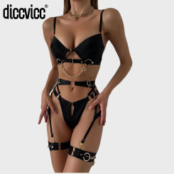 Diccvicc Women Sensual Lingerie Gothic Bra Garters Thong Fancy Female Sexy Underwear with Chain Luxury Exotic Sets Erotic Outfit
