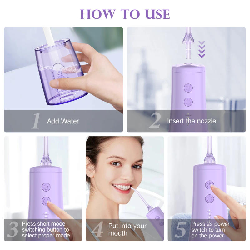 Description Picture 6 of itemSEjOY Dental Oral lrrigator UsBRechargeable Teeth cleaner PortableDental Water Flosser 3 Modes IPX7Mouth washing Machine 350ml