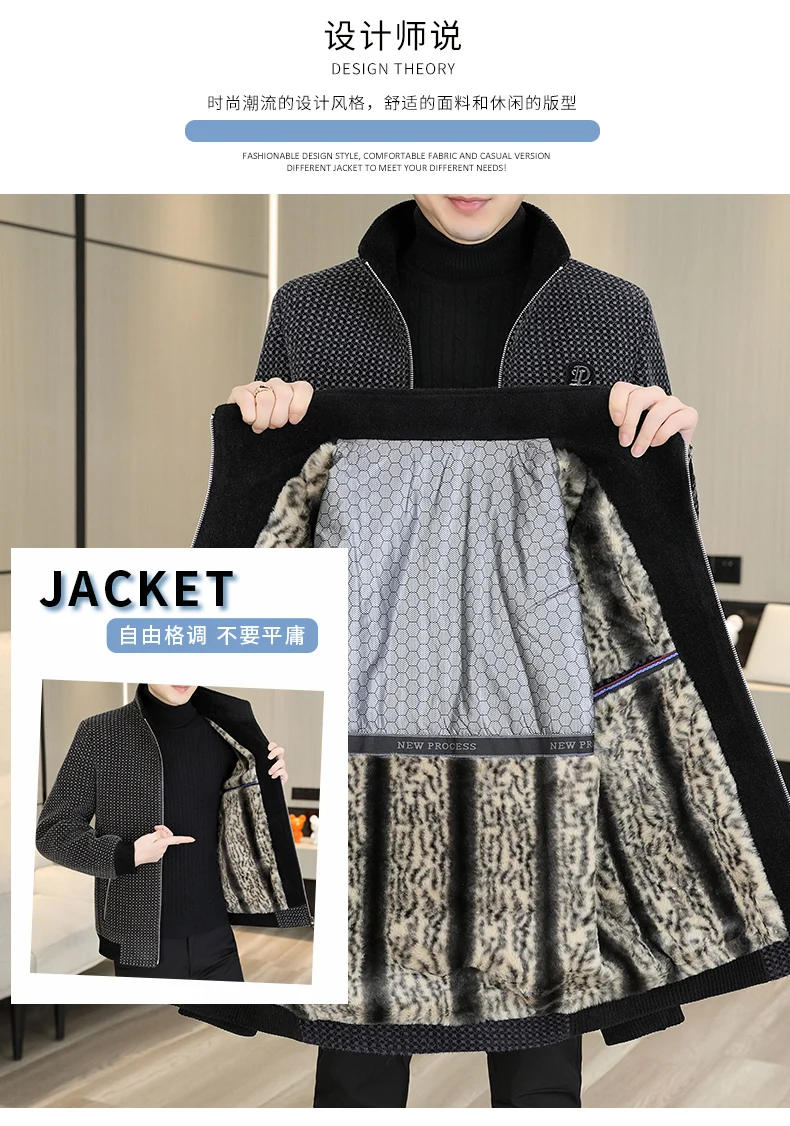 Description Picture 3 of item2023 Autumn Winter Stand Collar Thickened Woolen Jacket Men Slim Casual Business Trench Coat Streetwear Overcoat Men Clothing