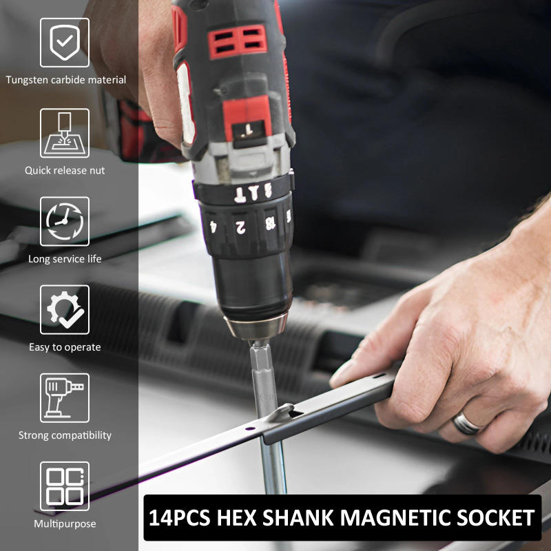 Description Picture 4 of item14Pcs 6-19mm Deep Socket Adapter Set Hex Shank Nut Driver Bits Set Nut Setter Drill Bit Set Magnetic Hexagonal Sockets Set