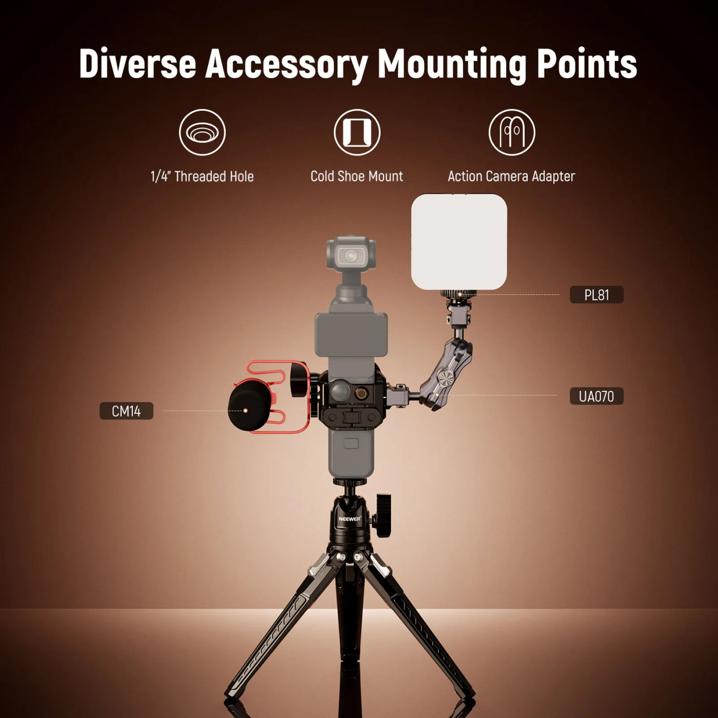 Description Picture 6 of itemNEEWER Pocket 3 Cage, Aluminum Alloy Video Recording Rig with Cold Shoe, 1/4" Threads For DJI Osmo Pocket 3 Gimbal Camera