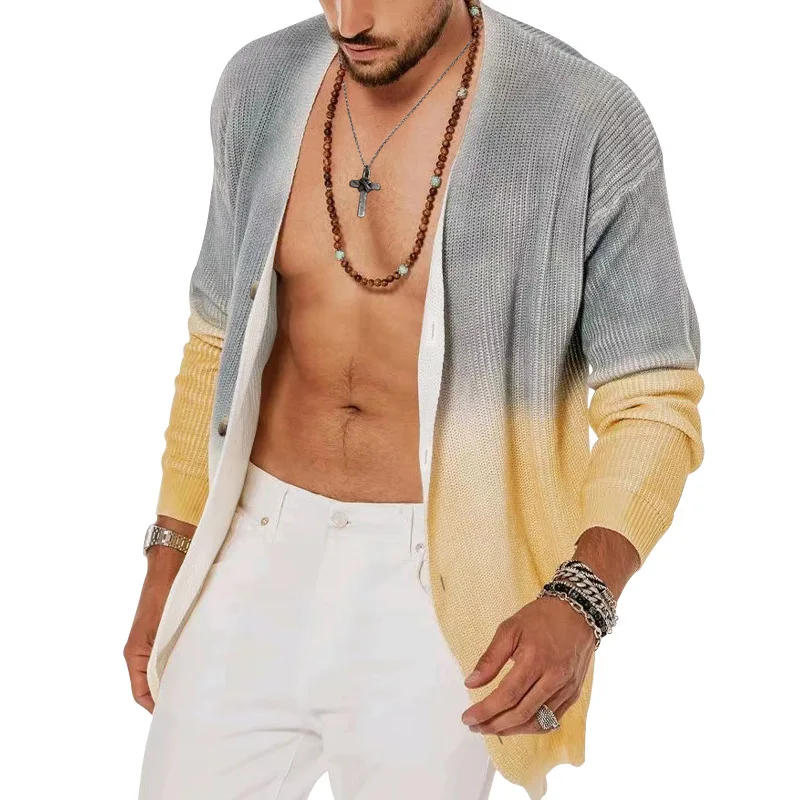 Description Picture 5 of item2024Spring Autumn Men's Trench Coats 3D Gradient Print Waffle Trench Jacket Men Casual Loose Relaxed Breathable Mid Length Coats