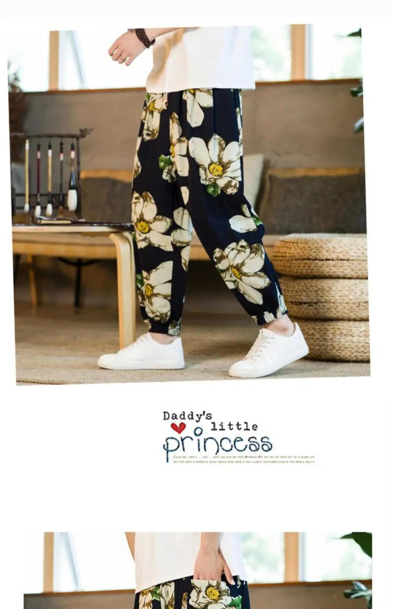 Description Picture 5 of itemFlower Printing Slacks Cotton Linen Jogger Wide Pants Unisex Harajuku Baggy Harem Pants Men's Fashion Sweatpants Casual Trousers