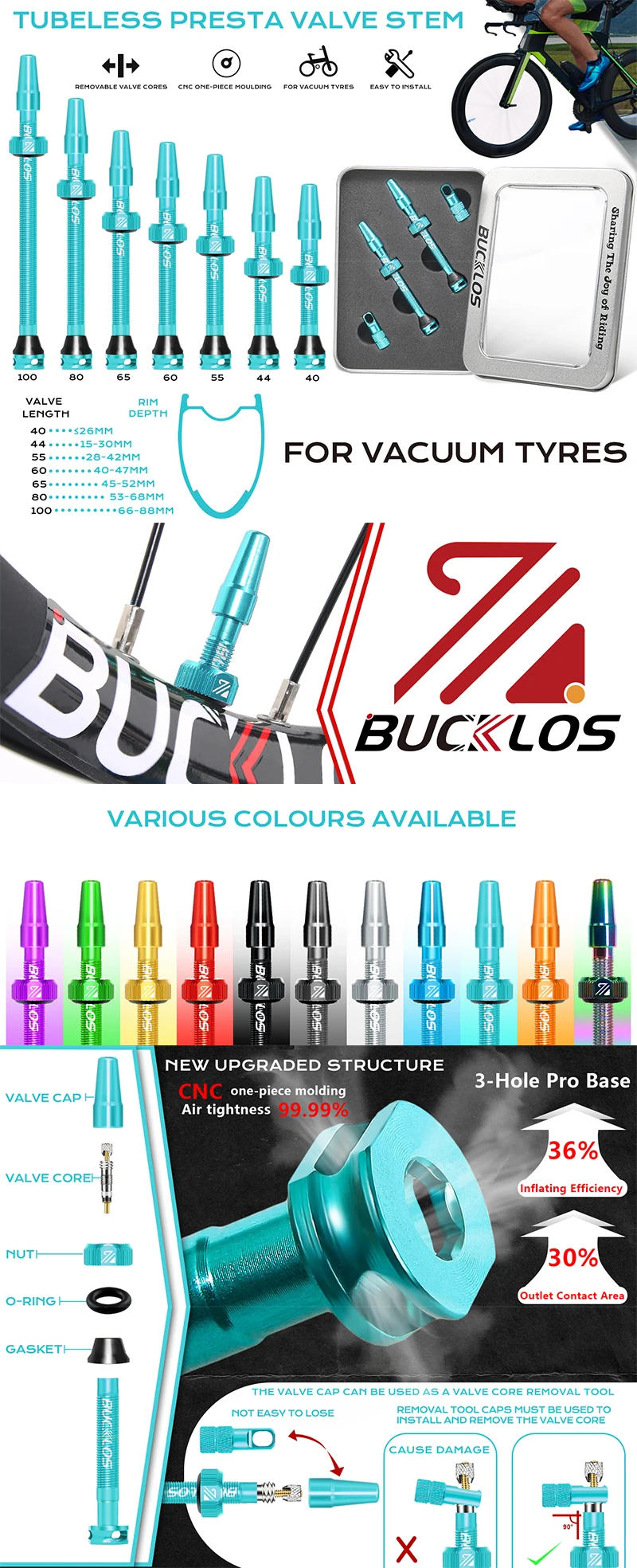 Description Picture 2 of item2PC BUCKLOS Bike Tubeless Presta Valves CNC Aluminum Alloy 40/44/55/60mm Road Bike F/V Valves Bicycle Presta Tubeless Valve