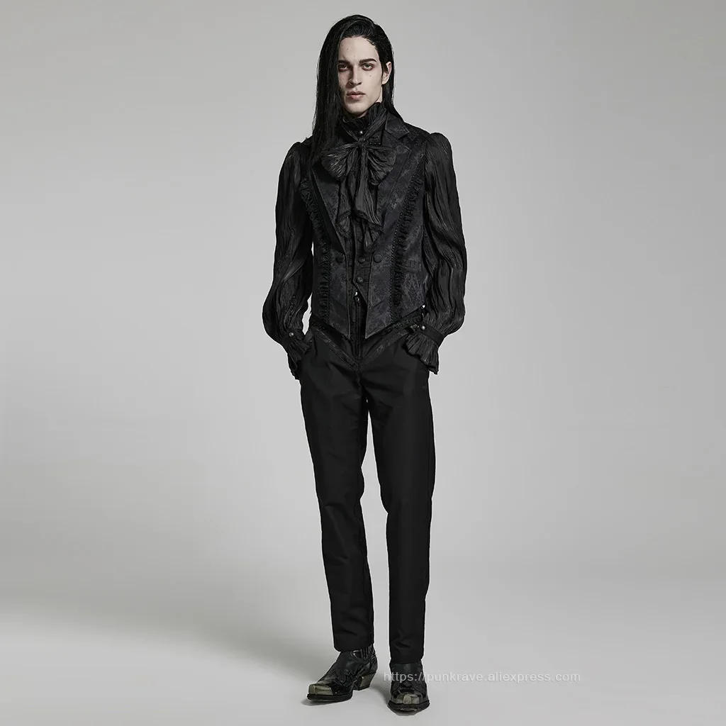 Description Picture 6 of itemPUNK RAVE Men's Gothic Gorgeous Lace Decoration Asymmetric Lapel Waistcoat Unique Pointed Outline Elements Party Long Sleeve Top