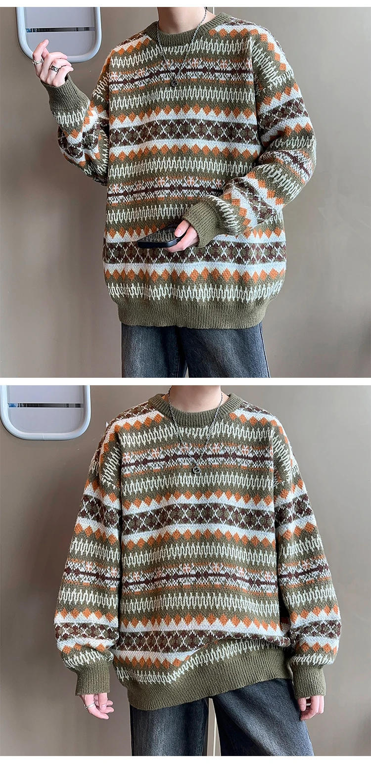 Description Picture 6 of item2024 Men Spring Autumn Korean Fashion Jacquard Sweater Tops Male Loose Striped Pullover Top Mens O-neck Knitted Jumpers S121