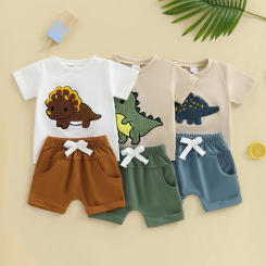 Toddler Baby Boys Clothes Set Dinosaur Embroidery Short Sleeve T-shirts Solid Elastic Waist Shorts 2 Piece Summer Outfits