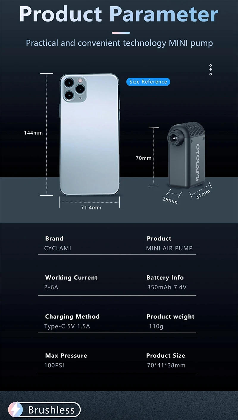 Description Picture 5 of itemCYCLAMI Mini Plus Portable Pump for Bicycle Cordless Air Inflator Presta Schrader Valve Outdoor MTB Bike Accessories