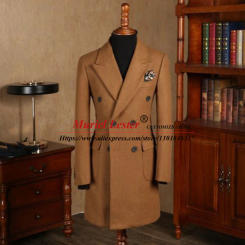 Winter Trench Men Coa Long Double Breasted Suit Jackets Formal Groom Outfit Brown Blazer Tailored Made Tweed Wool Blend Tuxedos