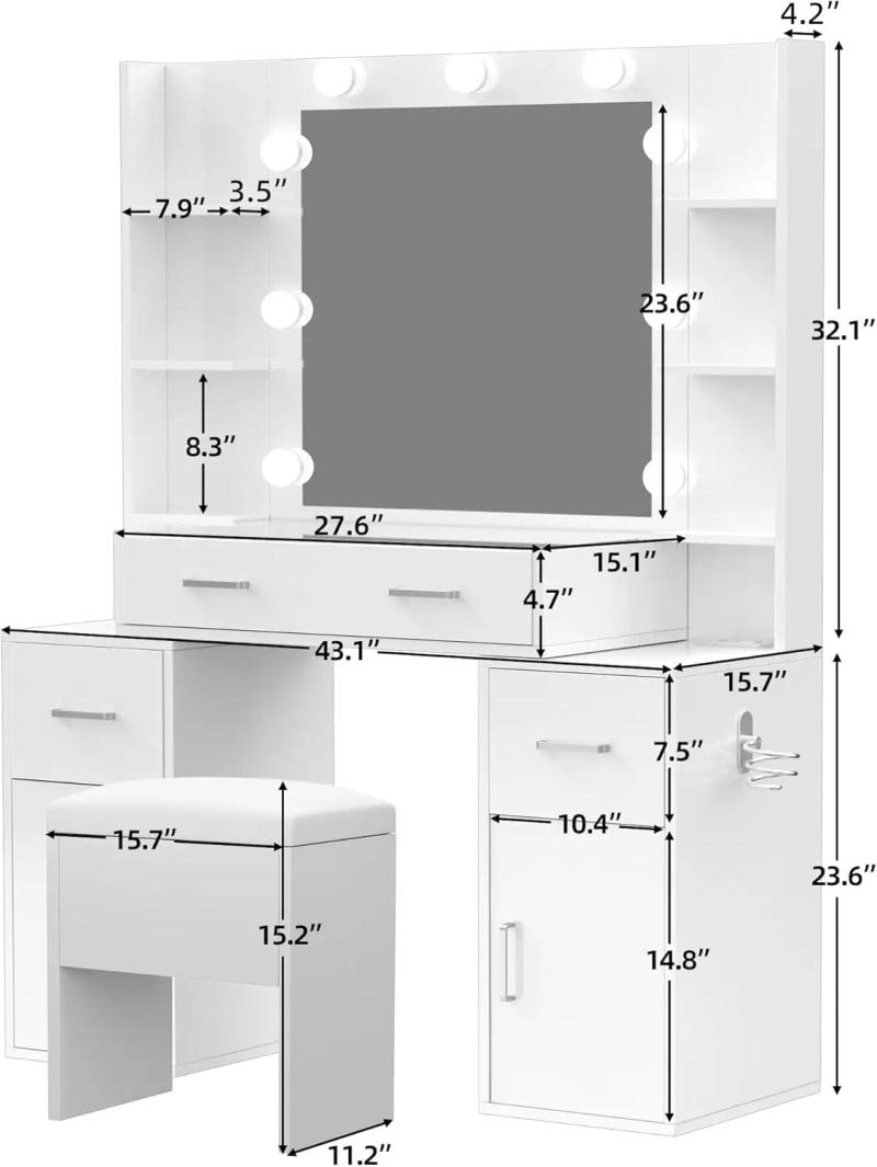 Description Picture 5 of itemMakeup Vanity Desk with Lights Glass Top Vanity with Charging Station Vanity Mirror with 9 LED Lights Desk Nightstand Set