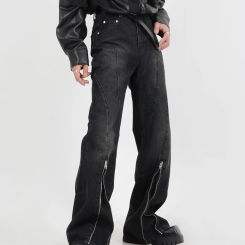 Heavy Dark Avant-Garde Style Pants Washed To Make Old Structure Lines micro-flared Jeans Zipper Pants