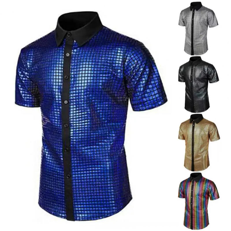Description Picture 3 of itemMen Club Performance Shirt Smooth Glossy Surface Short Sleeves Slim Fit Mid Length Party Nightclub Festivals Disco Dance Top