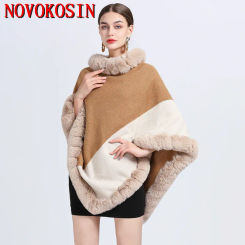 Winter Velvet Warm Beige Camel Contrast Loose Shawl Poncho Cloak O Neck String Faux Rabbit Fur Women Pullover Cape Overcoat