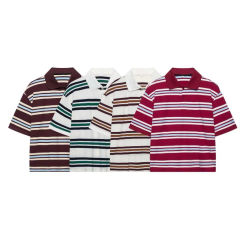 Women Vintage Striped POLO Collar T-shirt Short Sleeves Preppy Style Basic Shirt Summer Casual Female Tops
