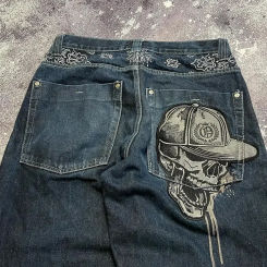 New Skull Retro Men Jeans Y2K High Street Hip Hop Harajuku Embroidered Couple Loose Wide Leg Straight Tube Pants