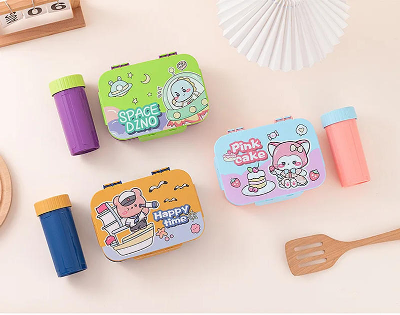 Description Picture 4 of itemPortable Lunch Box with Water Bottle Microwaveable 3 Compartment Fruit Food Box with Fork and Spoon Picnic Fresh Kids Cartoon