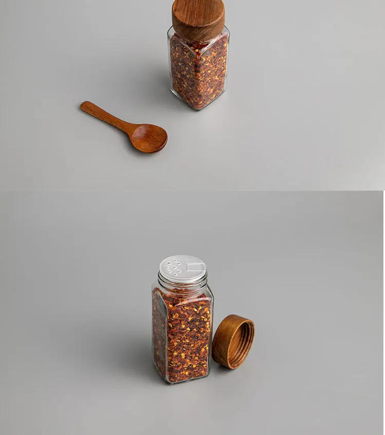 Description Picture 4 of item6pcs 120ml Wholesale Acacia Wood Cover Square Glass Jars Kitchen Seasoning Bottle Table Salt Flavor Herb & Spice Tools