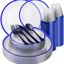 Blue and Clear Plastic Dinnerware Sets for 25 Guests, Include 50 Blue Disposable Party Plates,50 Forks,25 Knives,25Spoons,Cups