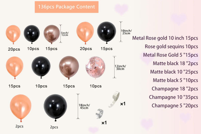 Description Picture 3 of item136PCS Rose Gold Black Balloon Arch Set Balloon Wreath Set Women's Birthday Bride Wedding Party Decoration Supplies