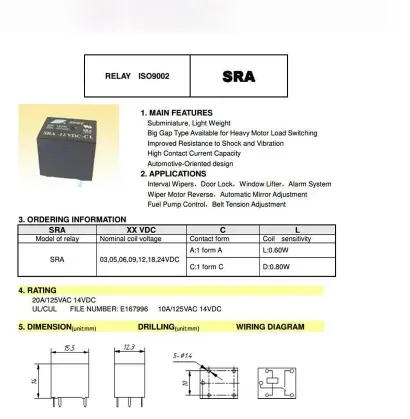 Description Picture 2 of item5Pcs 5V 12V 24V 20A DC Power Relay SRA-05VDC-CL SRA-12VDC-CL SRA-24VDC-CL 5Pin PCB Type in Stock Black Automobile Relay