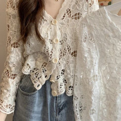 V-neck Solid Lace Long-sleeved Openwork Button Long Sleeve Top Cover-ups Blouse Women Cardigan Hollow Mesh Cardigan Knitwear