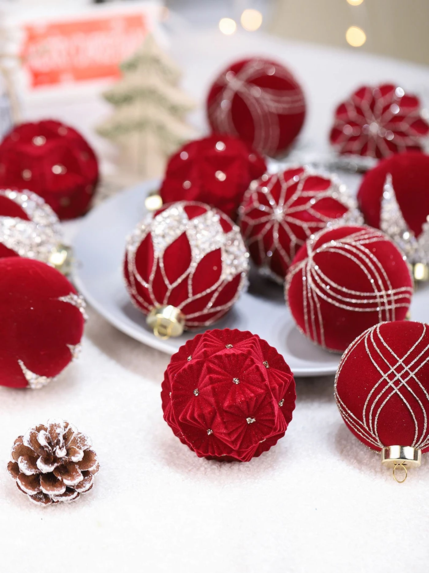 Description Picture 2 of itemwine red Flocked Christmas Balls Set Christmas Tree Ornaments Decoration Xmas Tree Hanging for Indoor Outdoor Holiday Party