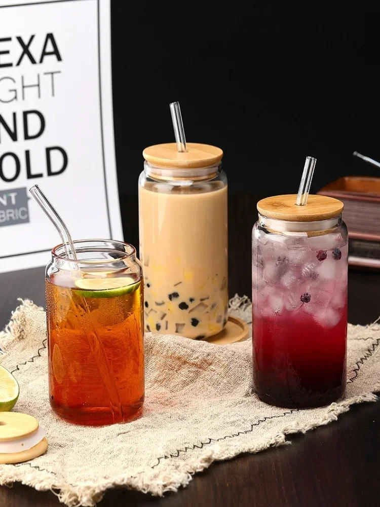 Description Picture 2 of item450/550mlGlass Cup with Lid and Straw Bubble Tea Cup Juice Glass Beer Can Milk Mocha Cup Breakfast Mug Drinkware Transparent