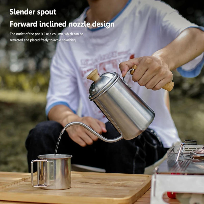 Description Picture 3 of itemOutdoor Coffee Pot Stainless Tea Kettle Camping Tableware Wooden Handle 650ml Coffee Kettle Tea Pot Filter Cup Bean Grinder