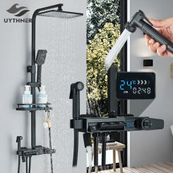 Uythner Bathroom Digital Display Shower Faucet Rainfall Head Bidet Tap Bathtub Spout Bath Thermostatic Mixer Set System