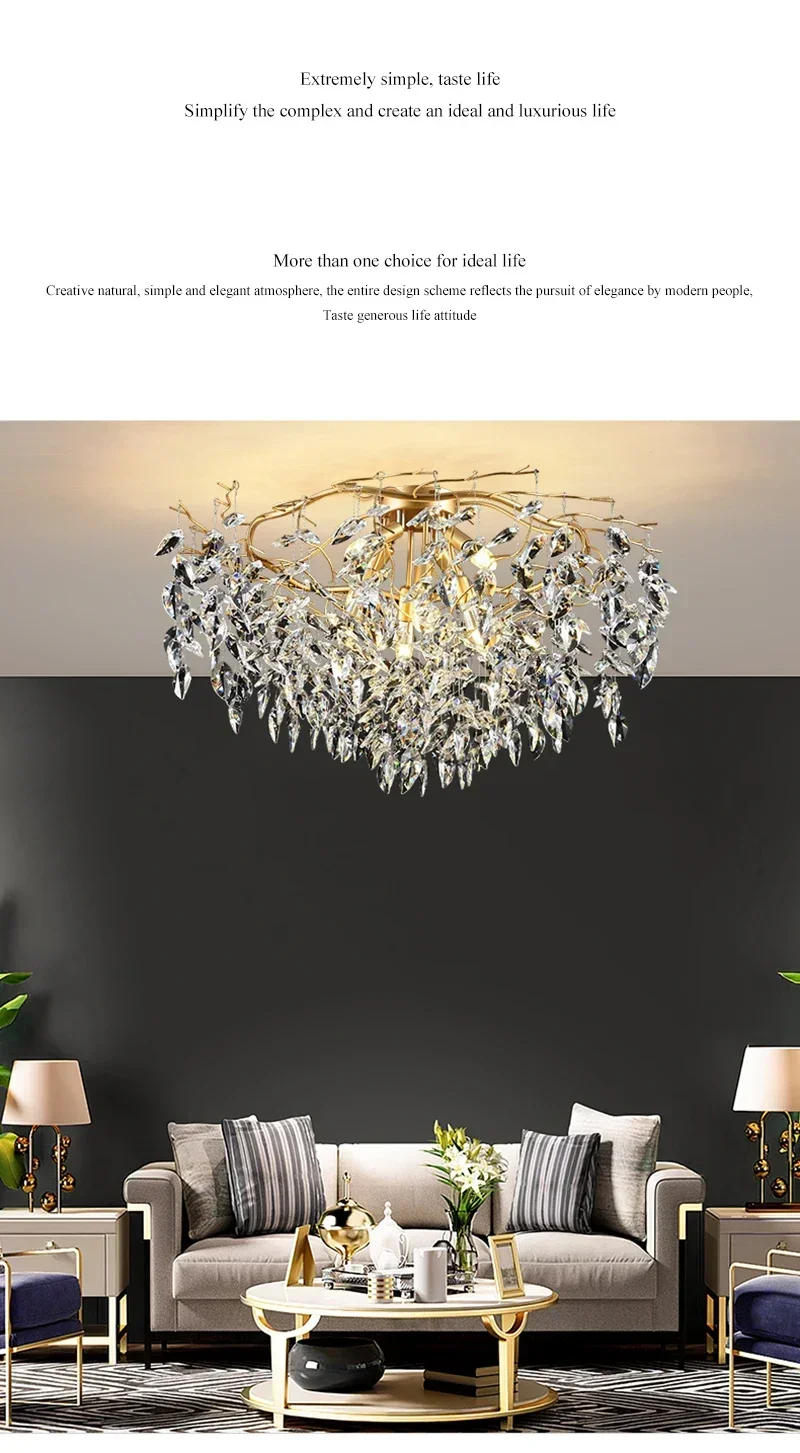 Description Picture 2 of itemTree Branch Round Large Crystal Ceiling Pendant Lamps Modern Gold Bedroom Decorative Pendant Light Luxury Villa Chandelier
