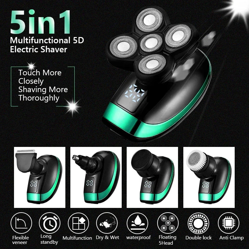 Description Picture 4 of item5 in 1 Rechargeable Electric Shaver Five Floating Heads Razors Hair Clipper Nose Ear Hair Trimmer Men Facial Cleaning Brush Box
