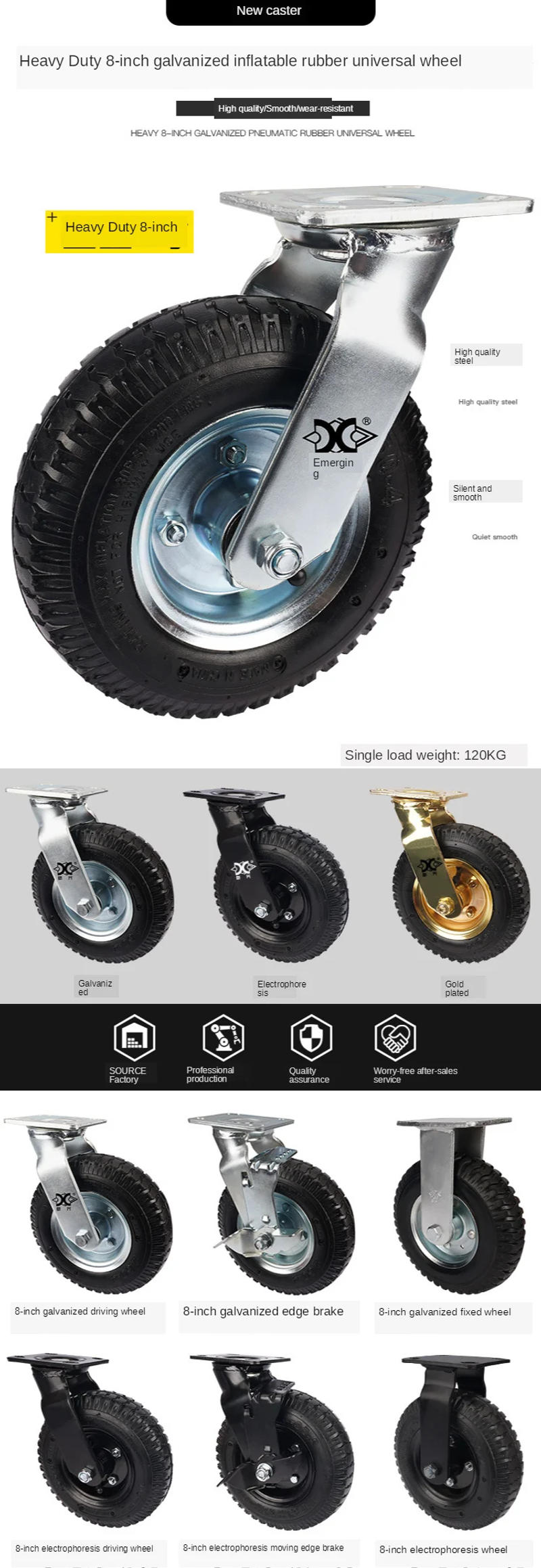 Description Picture 2 of item1 Pcs Factory Heavy 8-inch Gold Caster Inflatable Rubber Wheel Universal Heavy Vientiane Hotel