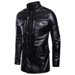 Men's Faux Leather Jacket, Long Section Four-Pocket Motorcycle Jacket, Stand Collar, Personality and Practicality, Black