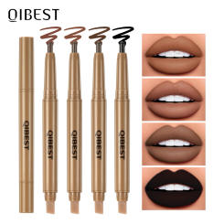 QIBEST Double Head Lip Liner&Brush Pen Mist Matte Velvet Contour Tint Lipstick Pencil Long Lasting Nude Brown Natural Lip Makeup