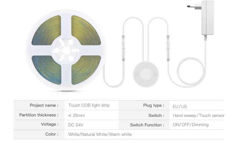 Description Picture 3 of item10M 24V COB LED Strip Light Under Cabinet Lamp Touch Dimmer and Hand Sweep Sensor Switch for Kitchen Closet Backlight Decoration