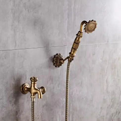 Antique Brass Bidet Faucet Wall Mounted Carved Bathroom Shower Toilet Washing machine Cold Water with Hand shower Bracket