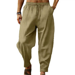 Men Pants Drawstring Elastic Waist Wide Leg Striped Deep Crotch Solid Color Loose Soft Breathable Sports Sweatpants
