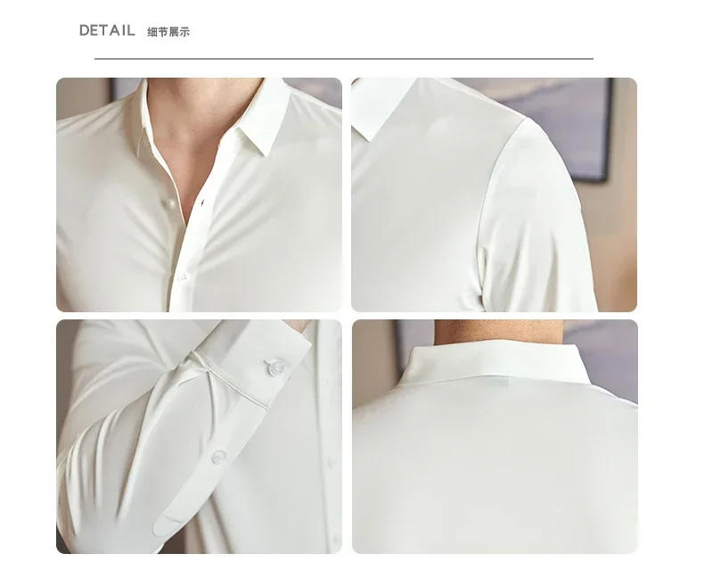 Description Picture 3 of item2023 New High Quality No Trace Ice Silk Long Sleeve Elastic Shirts Men Formal Business Slim Fit Solid Casual Shirt Tuxedo 4XL-M