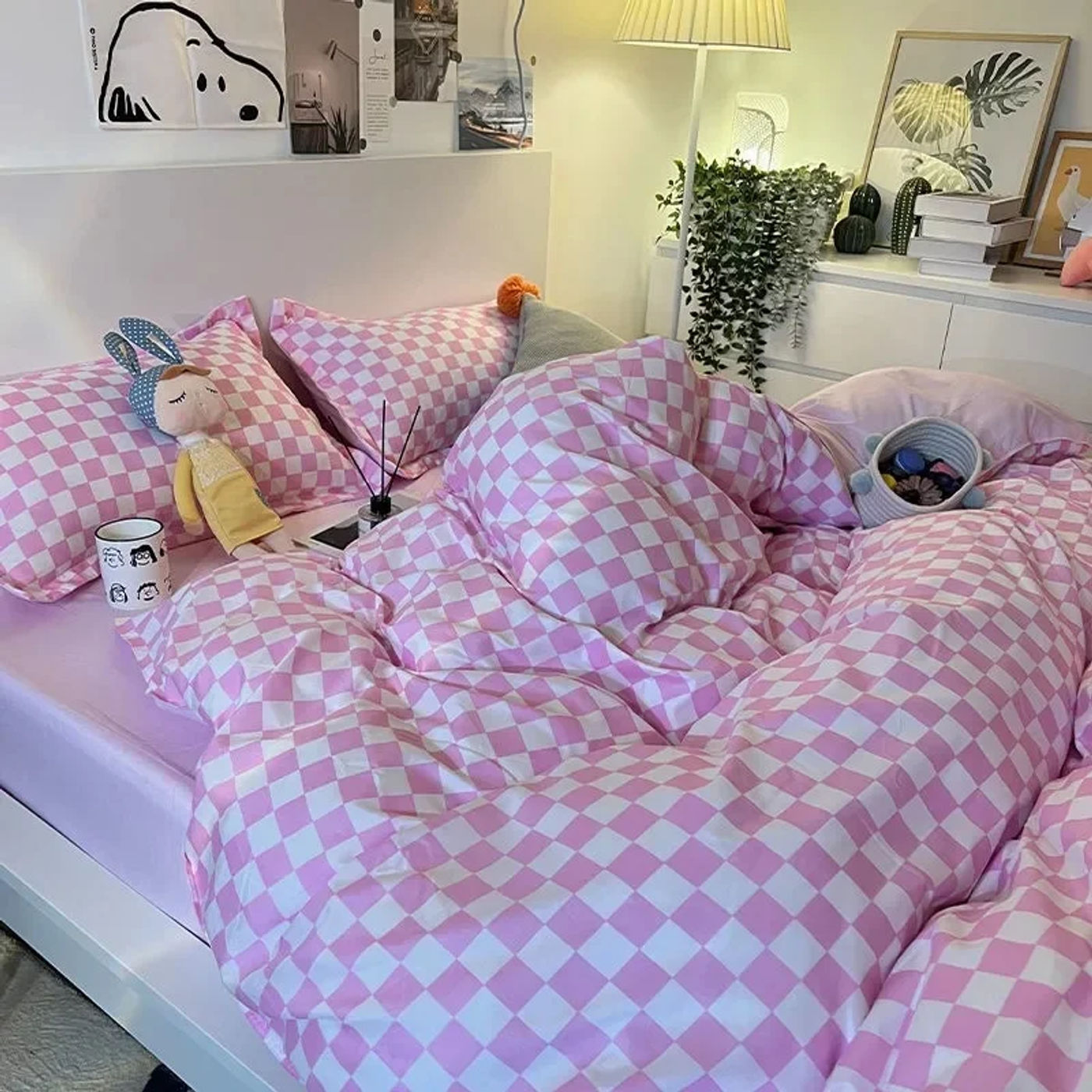 Description Picture 5 of itemNordic Pink Checkerboard Duvet Cover Sets With Pillowcases Flat Sheet Kids Girls Boys Full Queen Twin Size Kawaii Bedding Kit