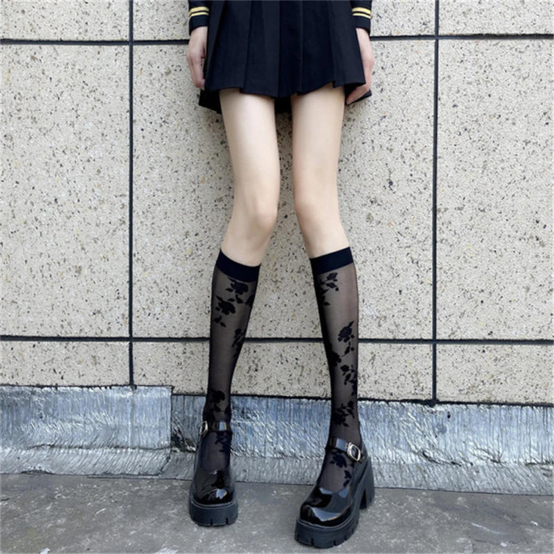 Description Picture 4 of itemSexy Lace Leg Stockings Women's Black Rose Embroidery Long Knee High Socks Japanese Lolita Leg Warmers Sweet Girls Kawaii Stocks