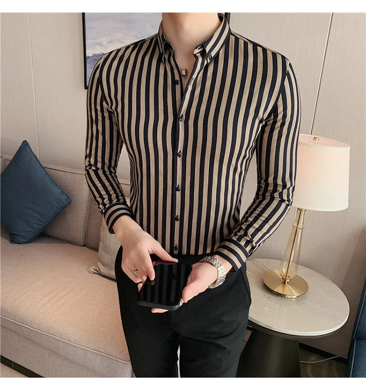 Description Picture 4 of item2024 Masculina Spring Shirts Men Dress Vertical Stripe Streetwear Slim Men Shirt Casual Long Sleeve Chemise Homme Tuxedo Shirt
