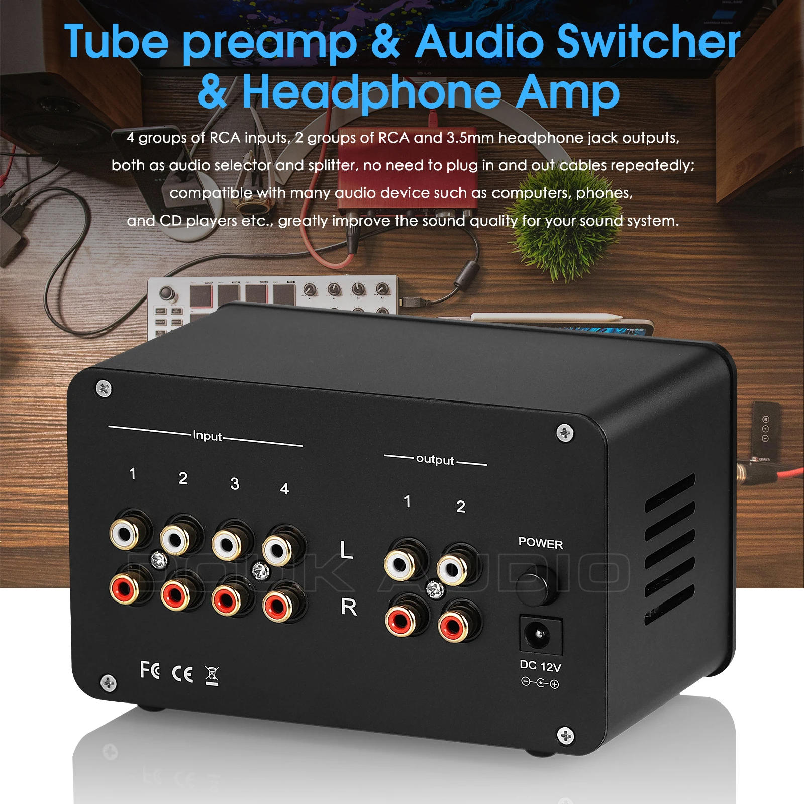 Description Picture 5 of itemNobsound HiFi Vacuum Tube Preamp Stereo 4-Way Audio Switcher Desktop Headphone Amplifier w/VU Meter Treble&Bass Control