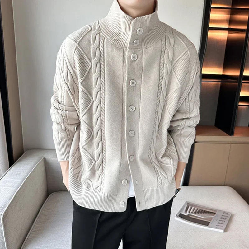 Description Picture 4 of itemVintage Jacquard Knitting Cardigan Men Sweater Casual Long Sleeve Pure Color Sweatercoat for Mens Knitwear Fashion Coat Sweaters