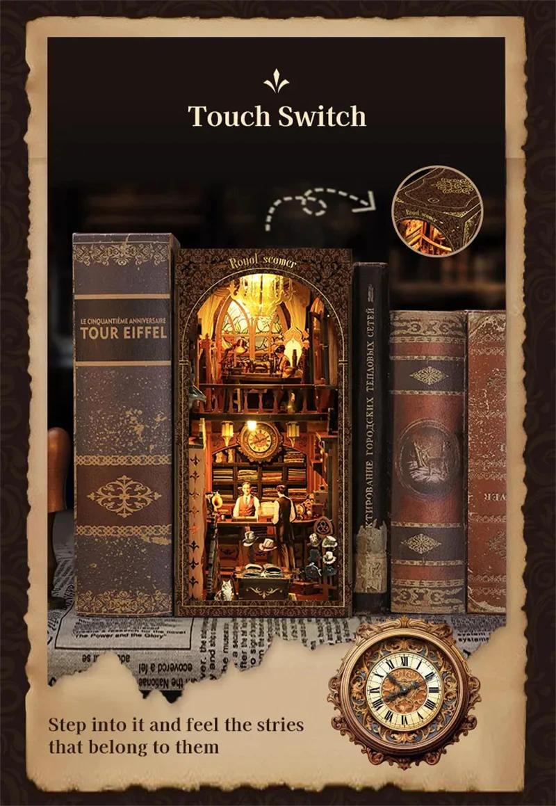 Description Picture 4 of itemRetro DIY Wooden Book Nook Shelf Insert Miniature Kits Royal Sewing Maching Store Bookshelf Home Decor For Adult Handmade Gifts