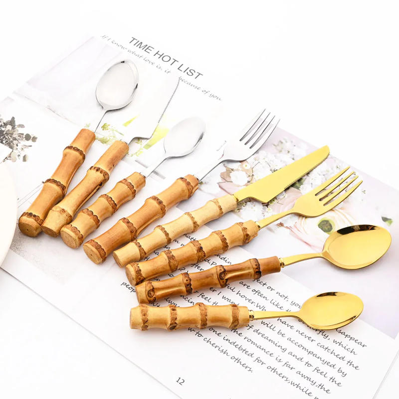 Description Picture 4 of itemDrmfiy 4/20Pcs Natural Bamboo Handle Silver Dinnerware Set Stainless Steel Cutlery Set Kitchen Knife Fork Spoons Tableware Set